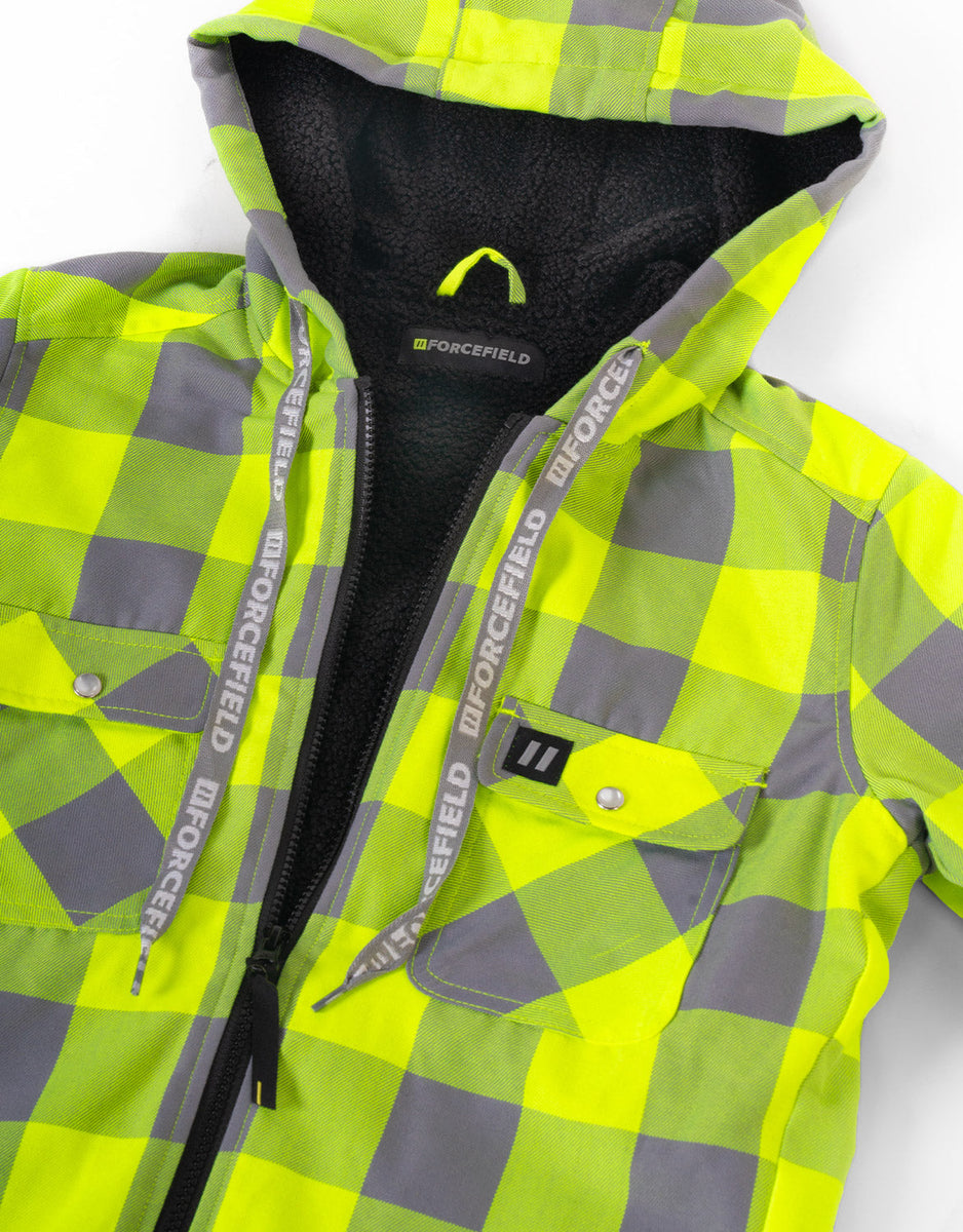 Women's Hooded SherpaLined HiVis Buffalo Plaid Flannel Lined Jacket