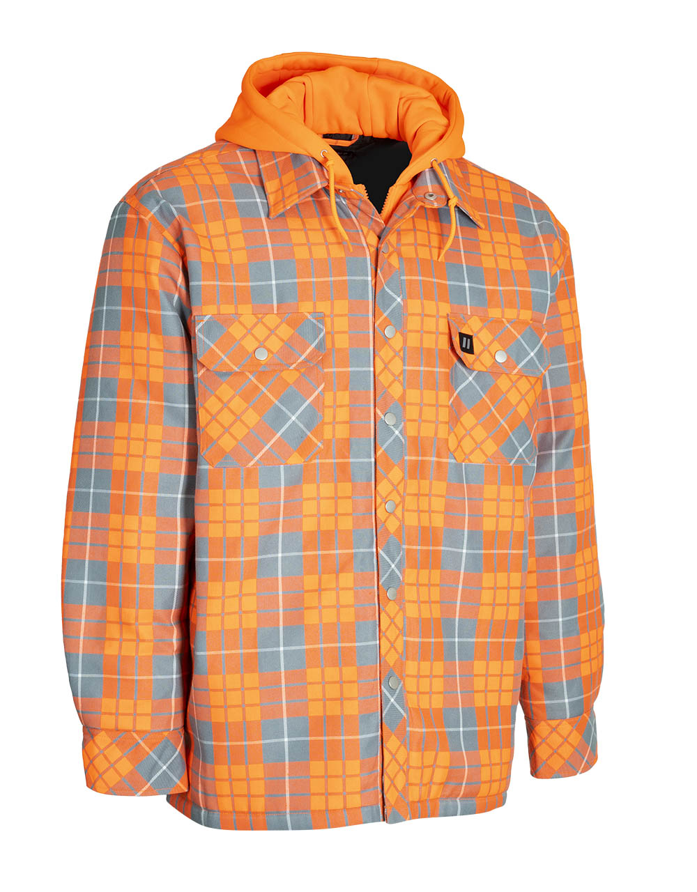 Hi Vis Orange Plaid Hooded Quilted Flannel Shirt Jacket