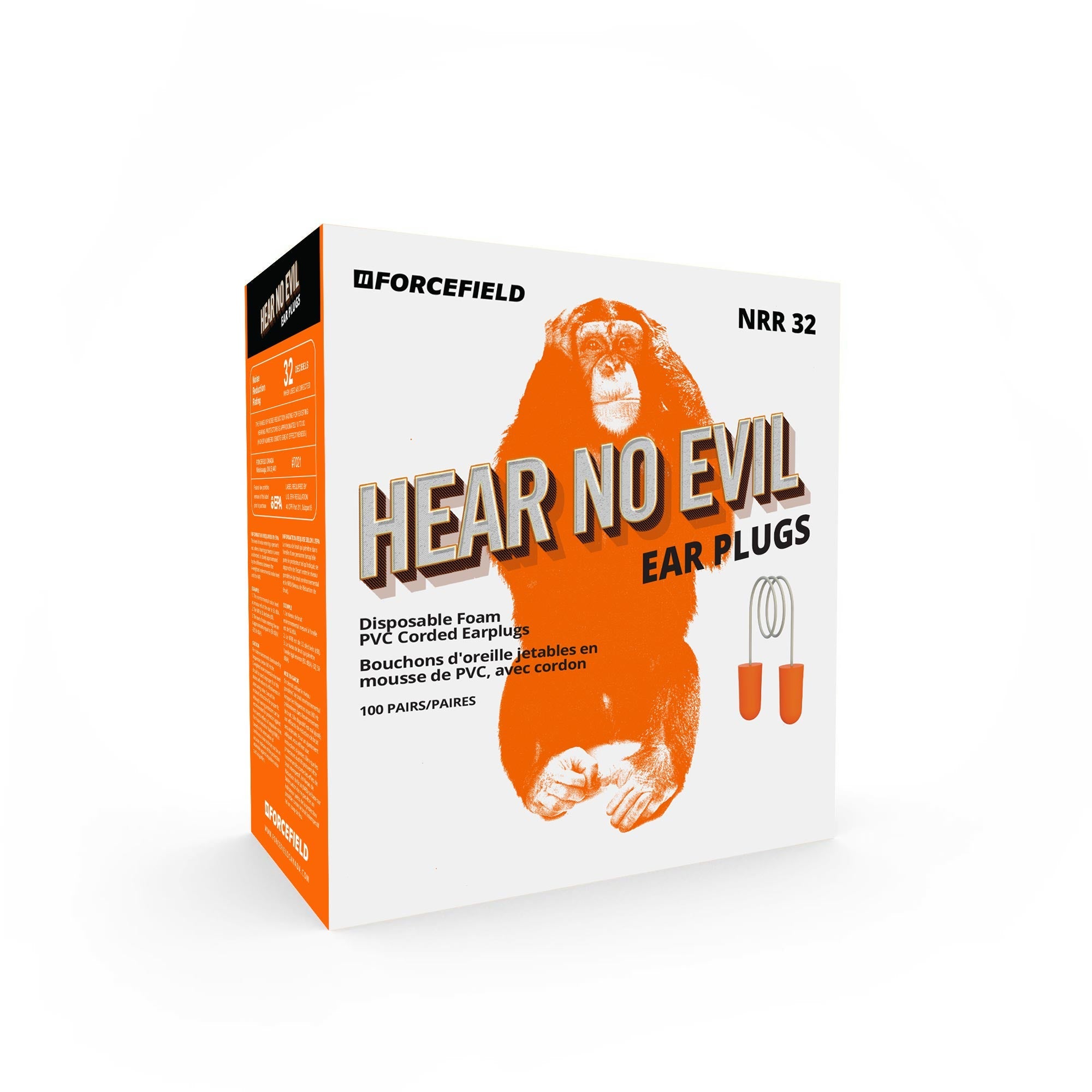 "Hear No Evil" Orange Corded Foam Earplugs, NRR32, Box of 100 Pair