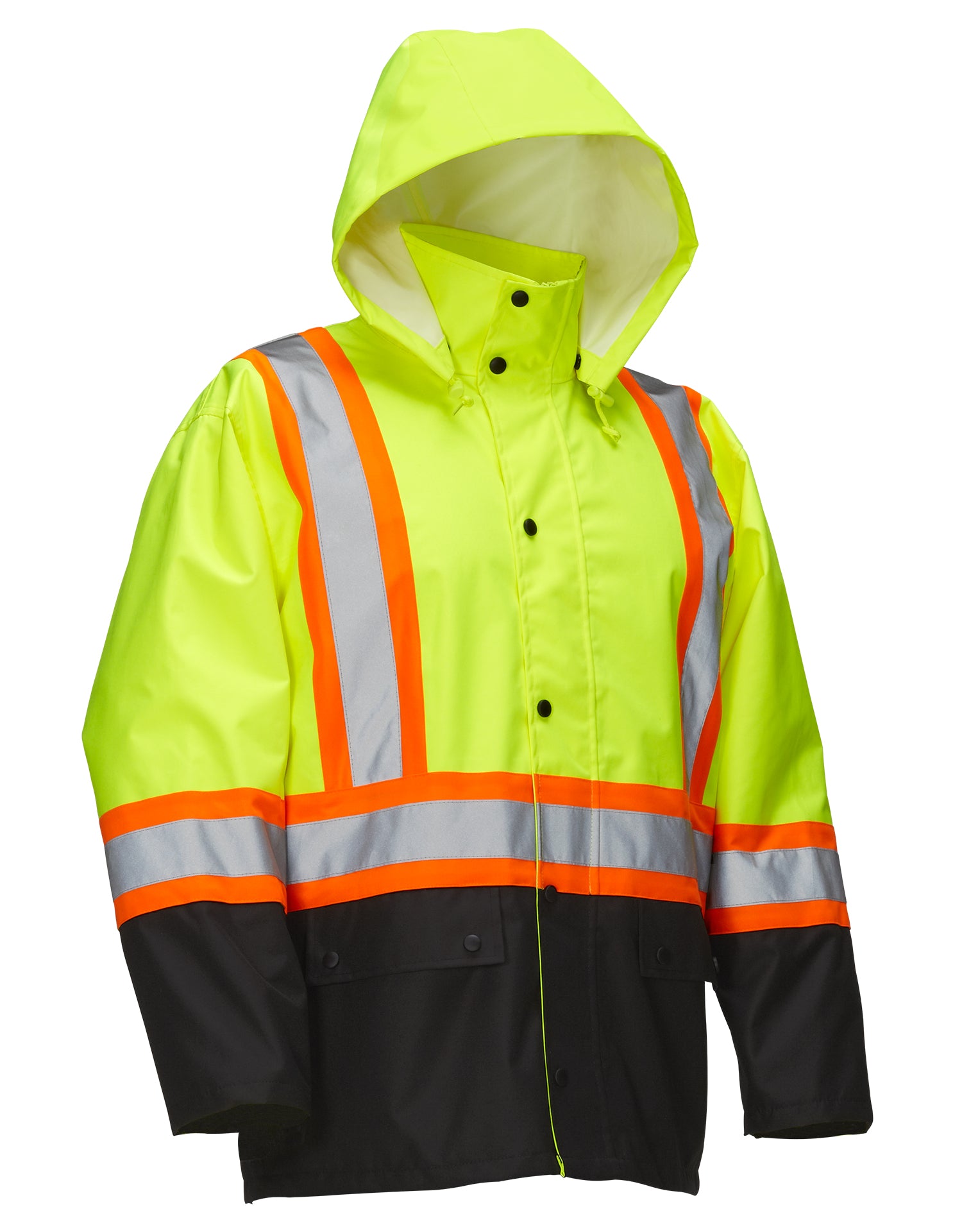 Hi Vis Safety Rain Jacket with Snap-Off Hood