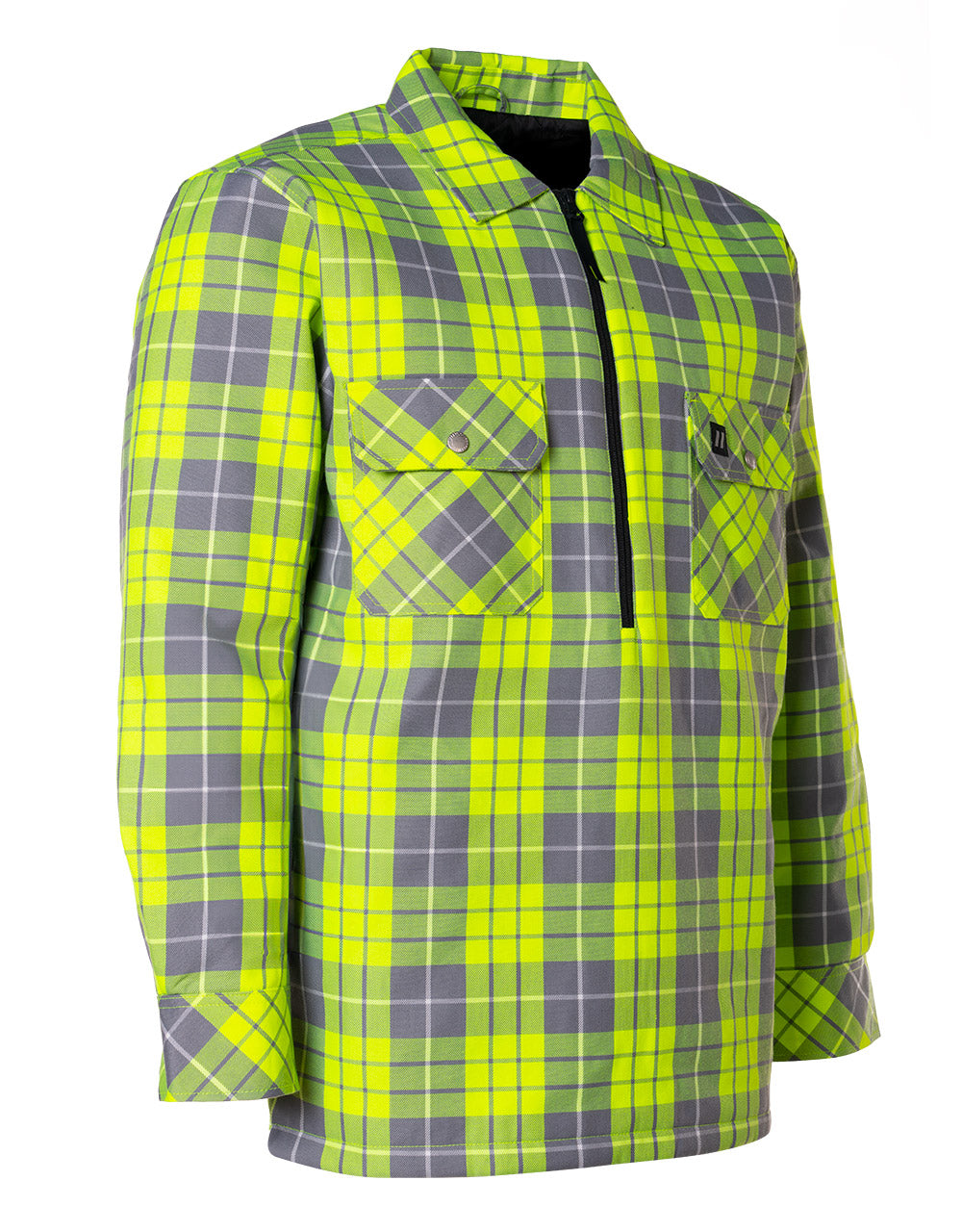 Veste chemise en flanelle matelassée à carreaux haute visibilité avec fermeture 1/2 fermeture éclair sur le devant