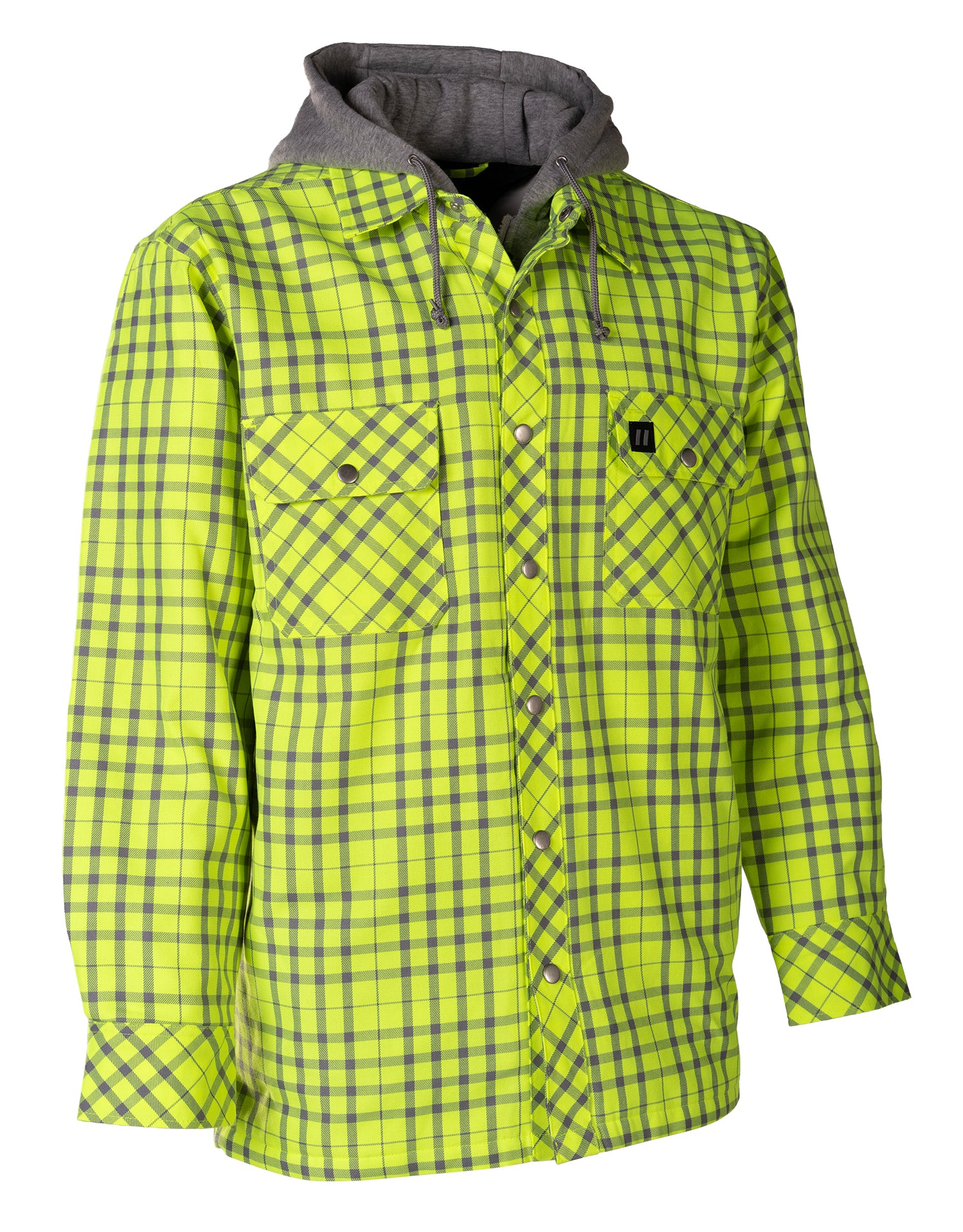 Hi Vis Lime Silver Micro Plaid Hooded Quilt-Lined Flannel Shirt Jacket