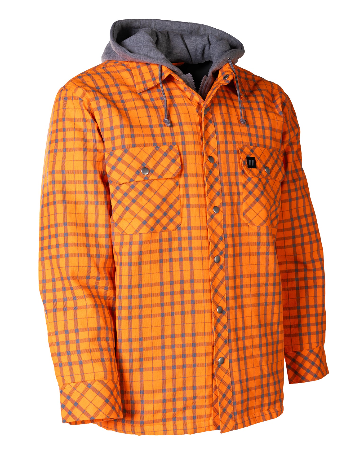 Hi Vis Orange/Silver Micro Plaid Hooded Quilt-Lined Flannel Shirt Jacket