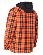 Load image into Gallery viewer, Hi Vis Orange Tartan Plaid Hooded Quilt-Lined Flannel Shirt Jacket with Front Zip