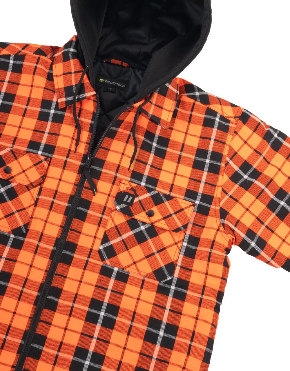 Veste-chemise en flanelle à capuche et à carreaux tartan orange haute visibilité, doublée de couette et zippée sur le devant 