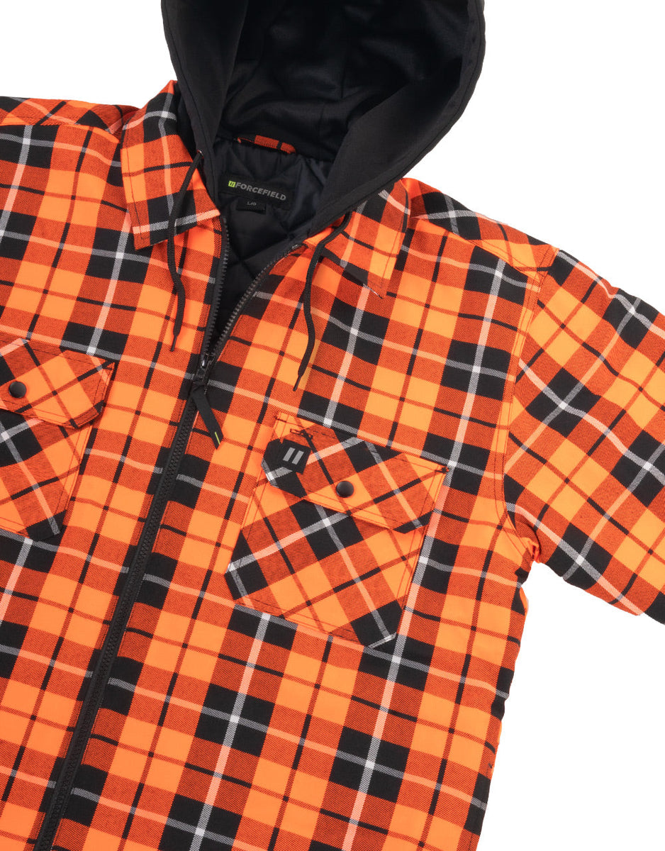 Hi Vis Orange Tartan Plaid Hooded QuiltLined Flannel Shirt Jacket wit