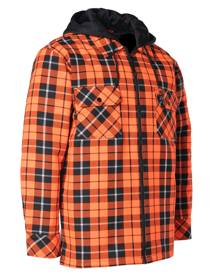 Hi Vis Orange Tartan Plaid Hooded Quilt-Lined Flannel Shirt Jacket wit
