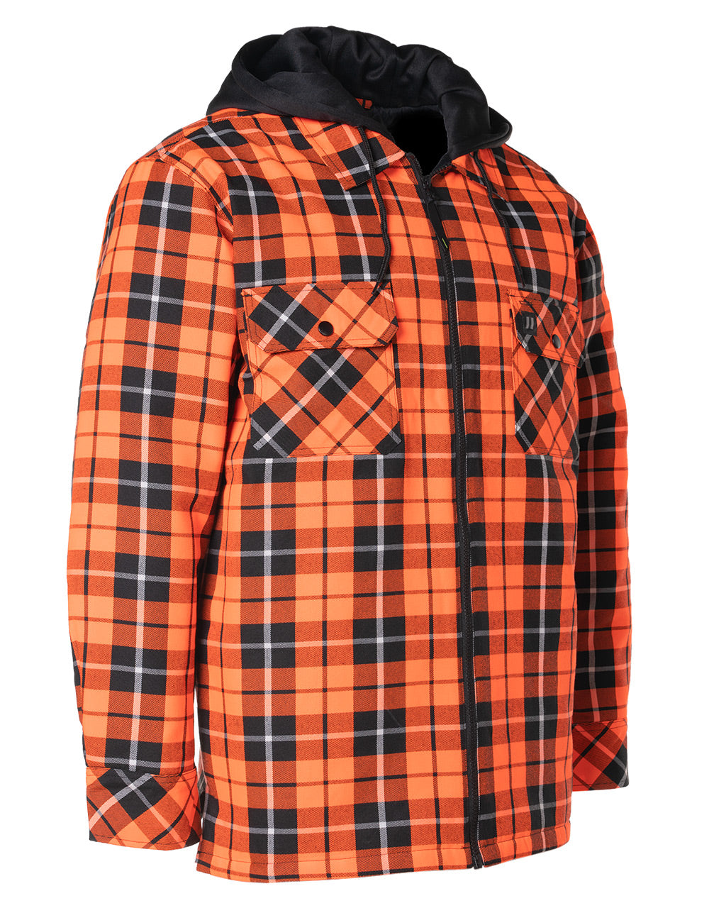 Veste-chemise en flanelle à capuche et à carreaux tartan orange haute visibilité, doublée de couette et zippée sur le devant 