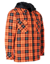 Load image into Gallery viewer, Hi Vis Orange Tartan Plaid Hooded Quilt-Lined Flannel Shirt Jacket with Front Zip