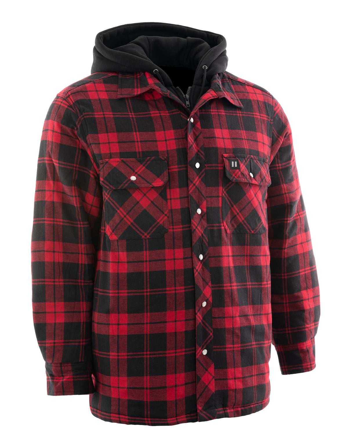 Manteau chemise en flanelle rouge à capuche et doublée de matelassage à carreaux