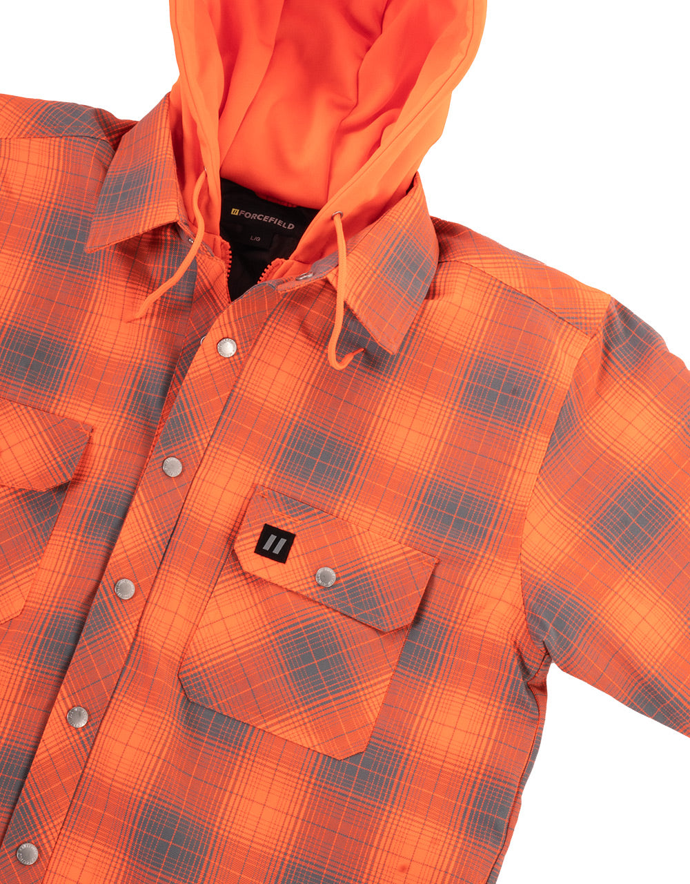 Veste-chemise en flanelle à capuche et doublure matelassée à carreaux orange haute visibilité 