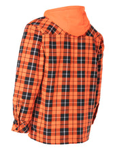 Load image into Gallery viewer, Hi Vis Orange Tartan Plaid Hooded Sherpa-Lined Flannel Shirt Jacket with Front Zip