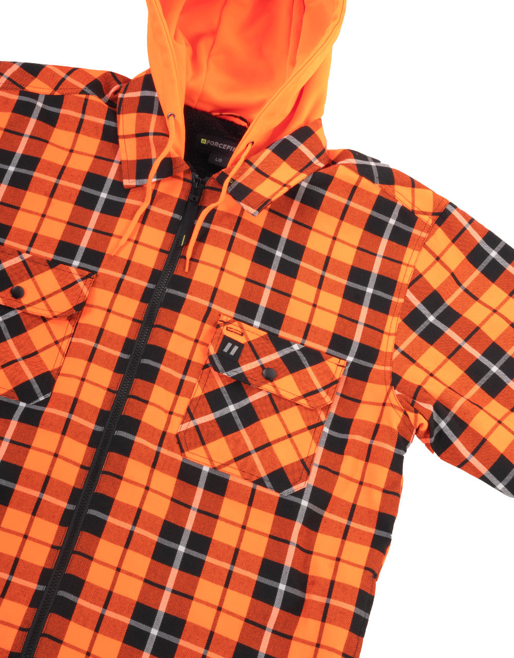 Veste chemise à capuche en flanelle à carreaux tartan orange haute visibilité, doublée de sherpa, avec fermeture éclair sur le devant 
