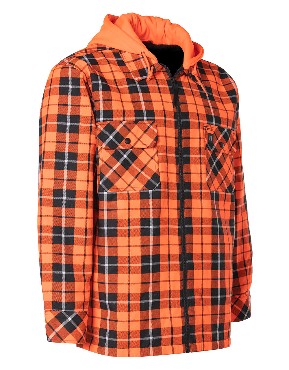 Veste chemise à capuche en flanelle à carreaux tartan orange haute visibilité, doublée de sherpa, avec fermeture éclair sur le devant 