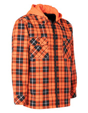 Load image into Gallery viewer, Hi Vis Orange Tartan Plaid Hooded Sherpa-Lined Flannel Shirt Jacket with Front Zip