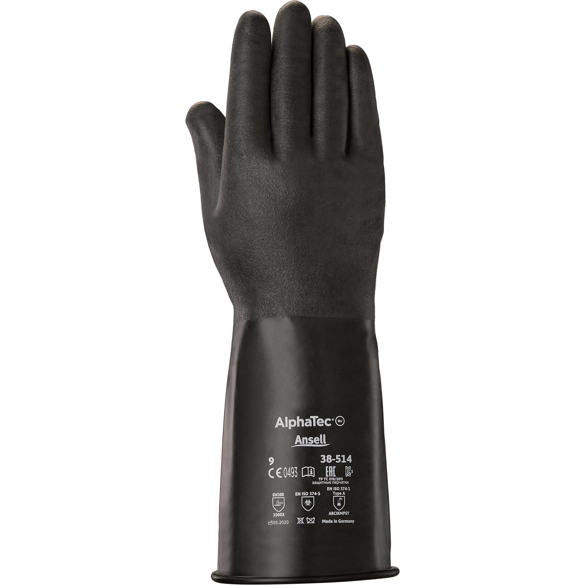 AlphaTec® 38-514 Gloves, Size 8, 14" L, Butyl Rubber, 14-mil (Size Medium)