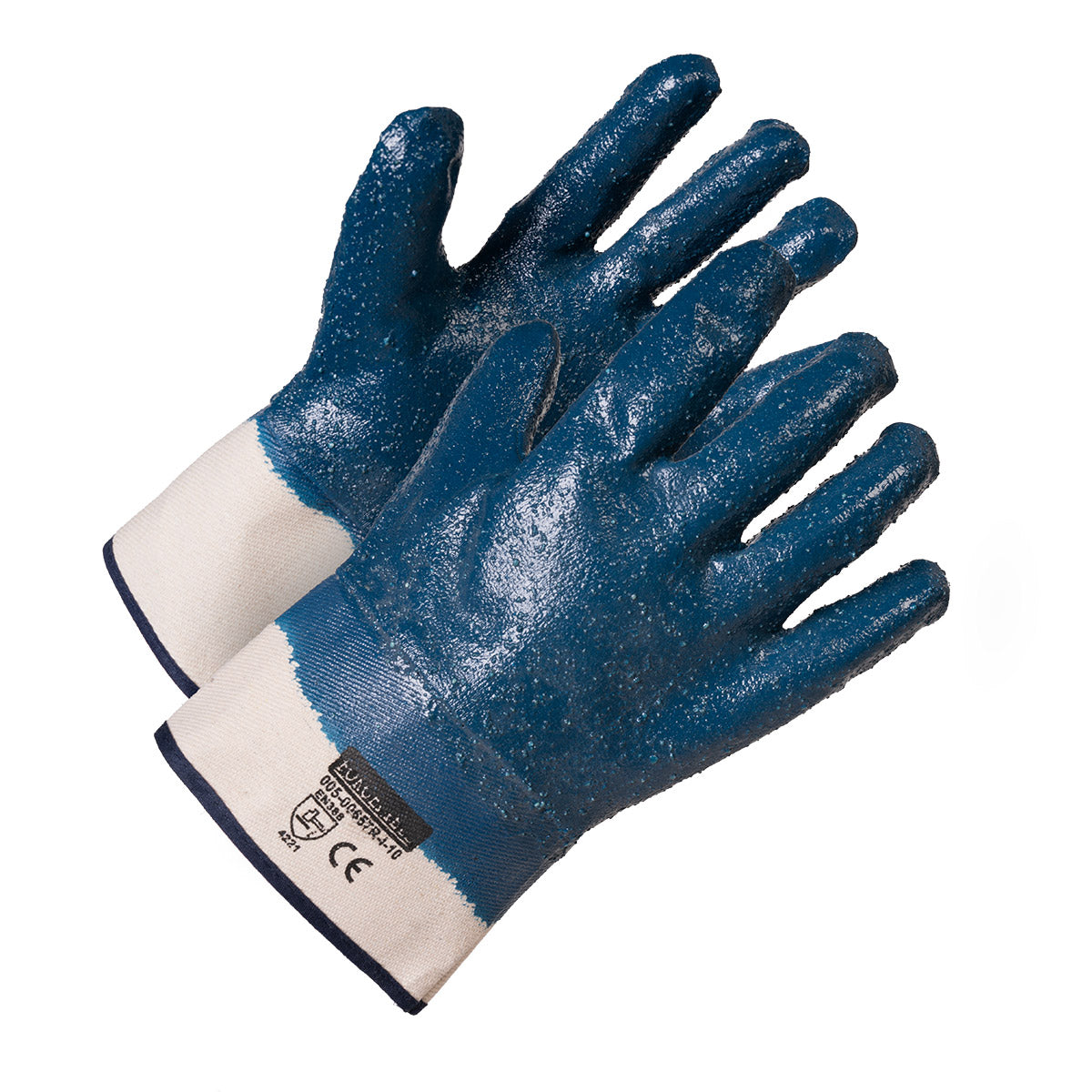 Gants de travail en nitrile bleu à revêtement entièrement rugueux, support en coton, manchette de sécurité