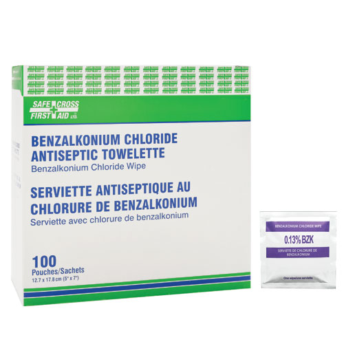 Chlorure de benzalkonium (BZK), lingettes antiseptiques, 100/boîte