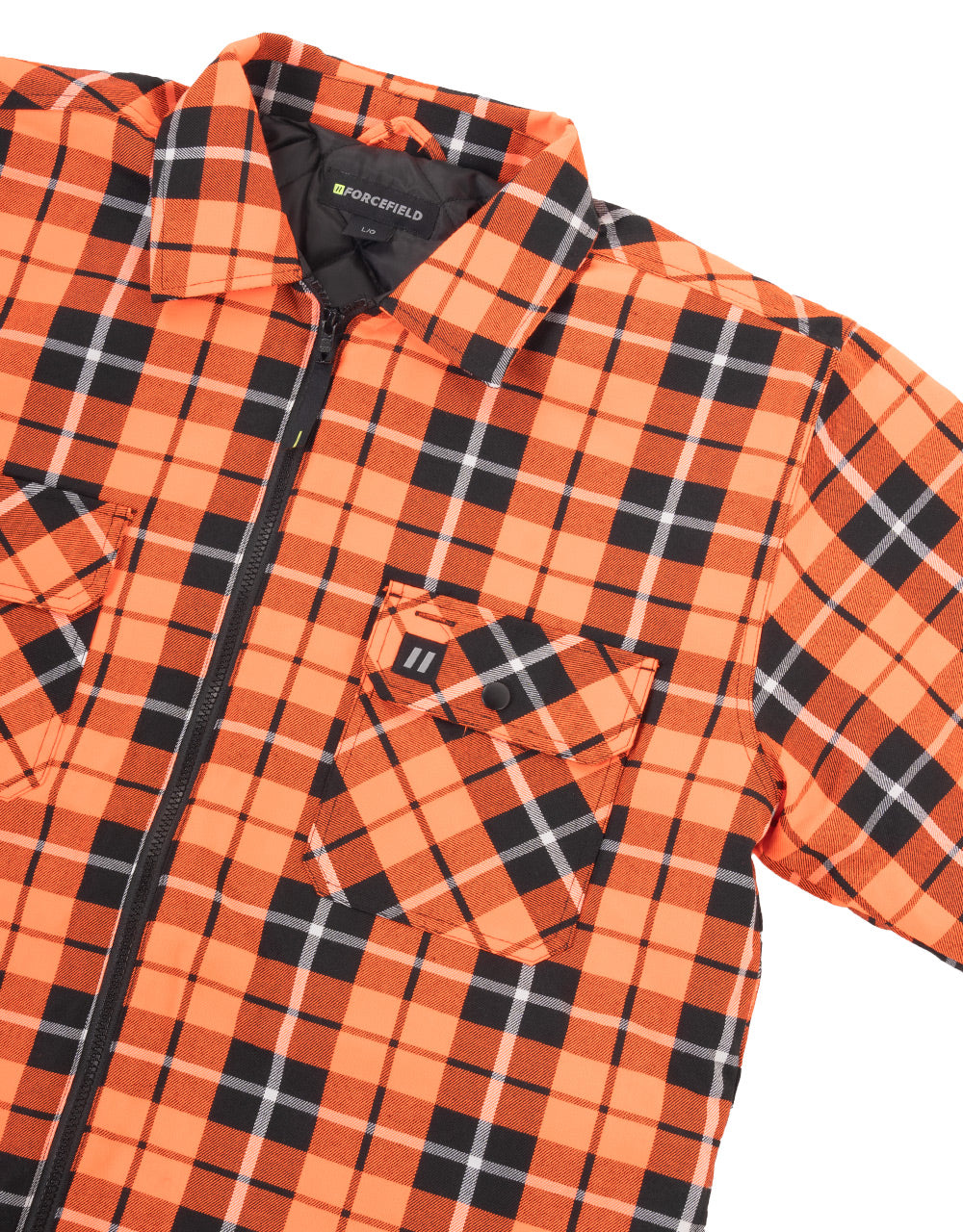 Veste chemise en flanelle matelassée à carreaux tartan orange haute visibilité avec fermeture éclair sur le devant
