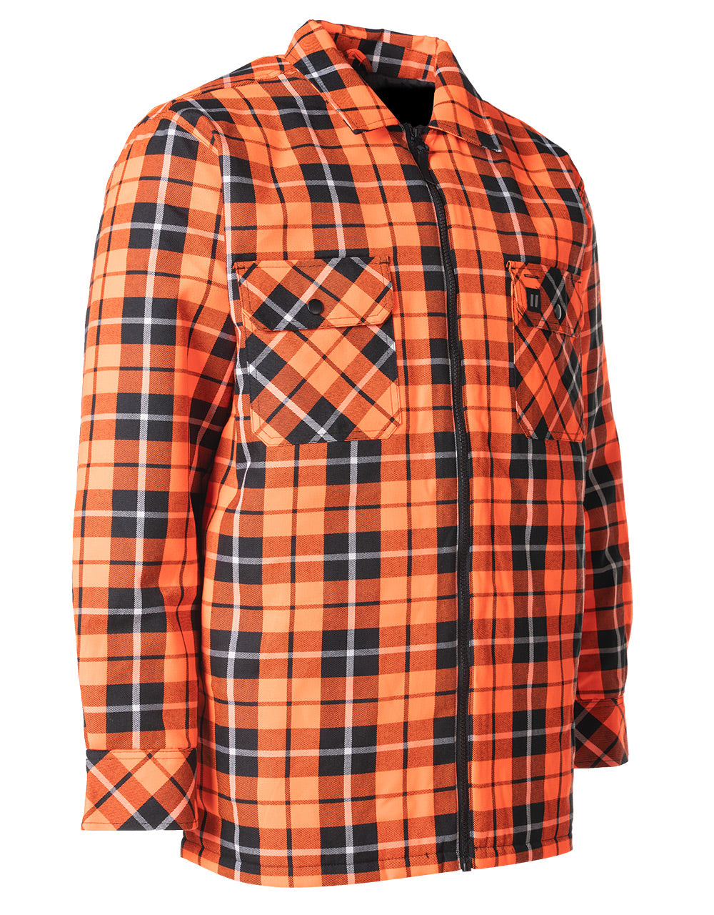 Veste chemise en flanelle matelassée à carreaux tartan orange haute visibilité avec fermeture éclair sur le devant
