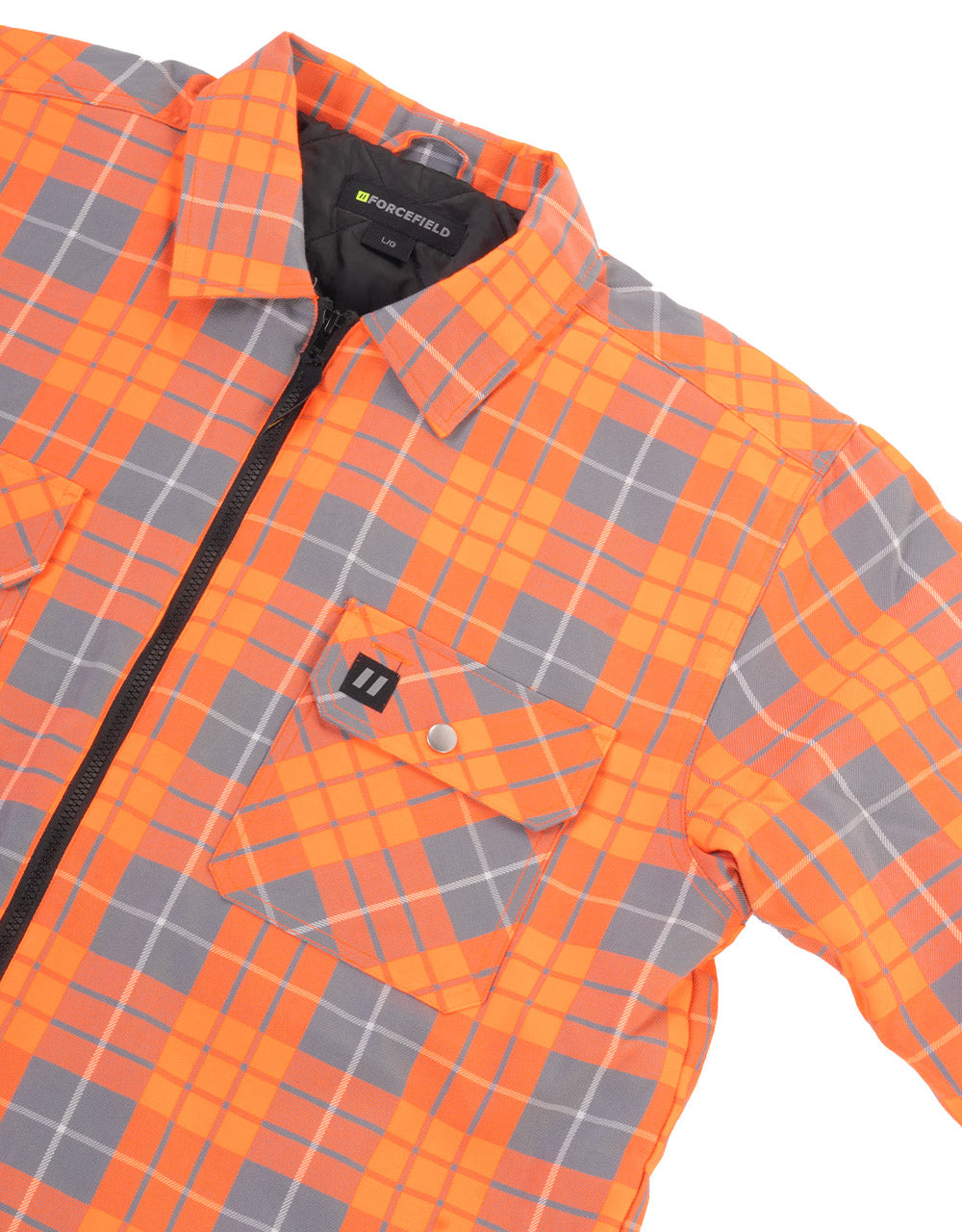 Veste chemise en flanelle matelassée à carreaux orange haute visibilité avec fermeture éclair sur le devant