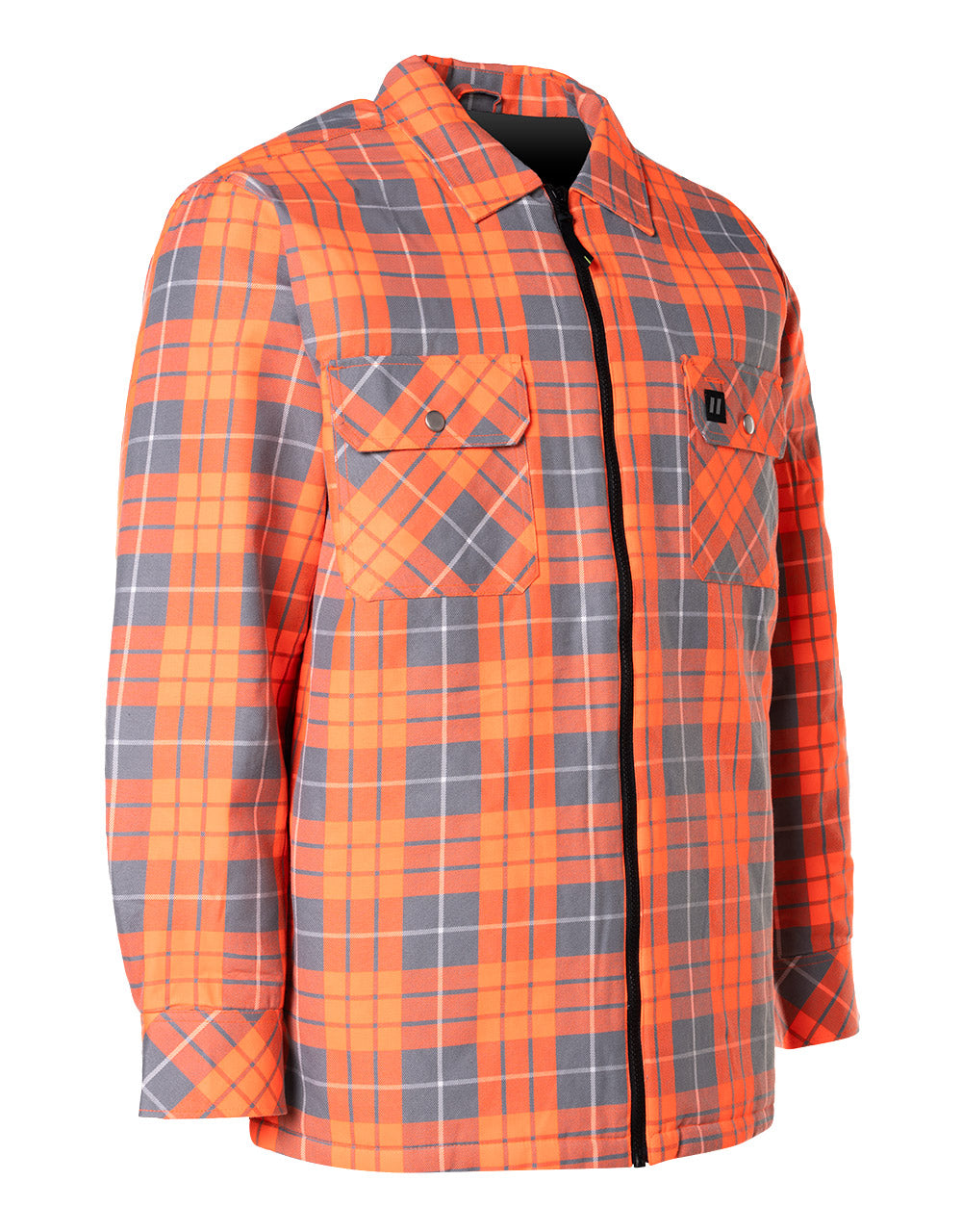 Veste chemise en flanelle matelassée à carreaux orange haute visibilité avec fermeture éclair sur le devant