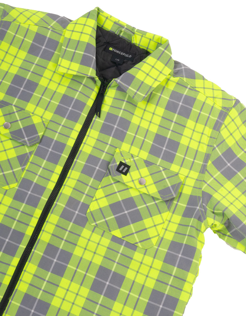 Veste chemise en flanelle matelassée à carreaux citron vert haute visibilité avec fermeture éclair sur le devant