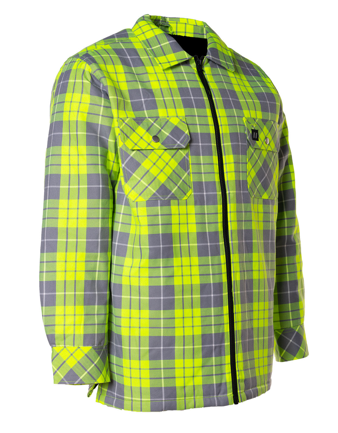 Veste chemise en flanelle matelassée à carreaux citron vert haute visibilité avec fermeture éclair sur le devant