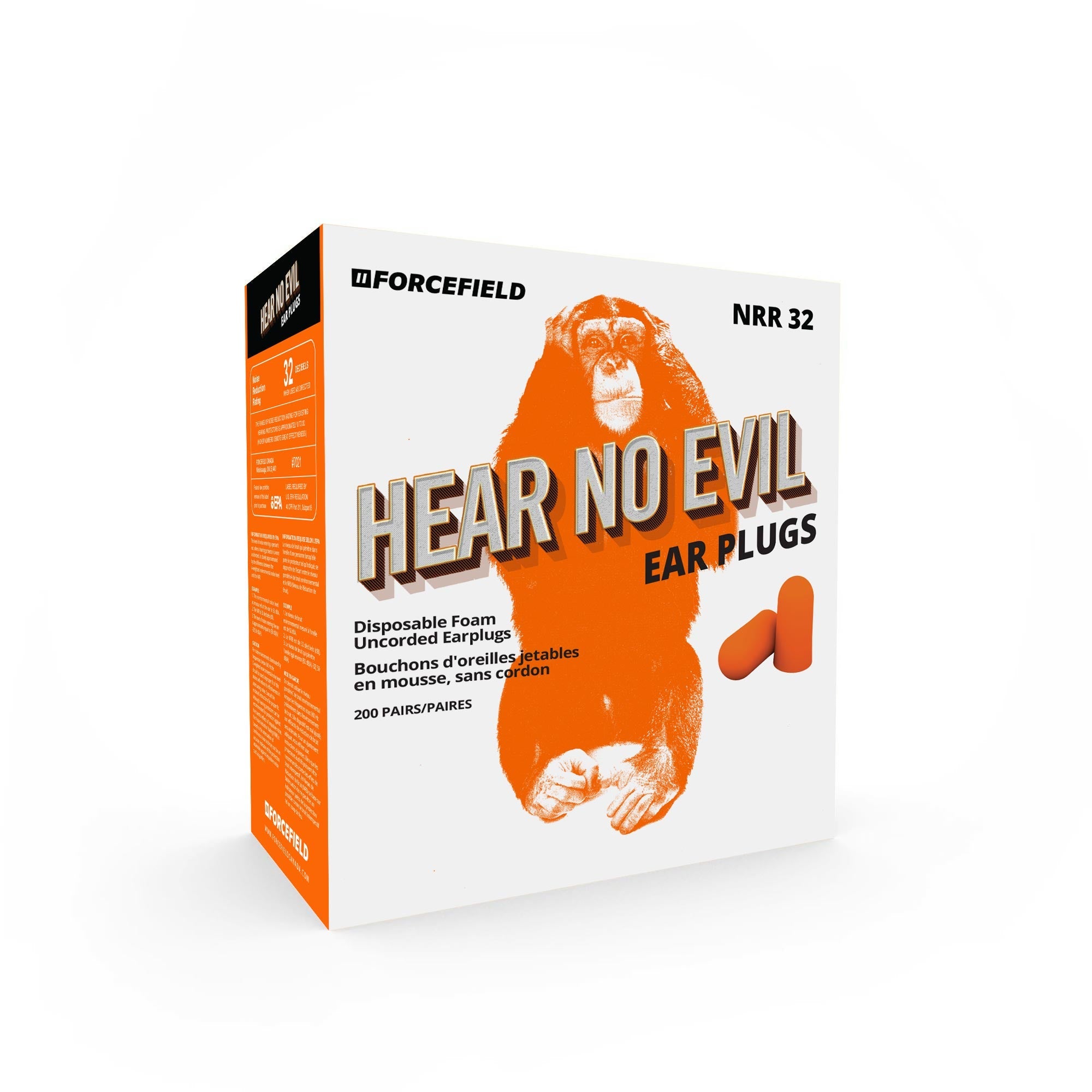 Bouchons d'oreilles en mousse orange "Hear No Evil", NRR32, boîte de 200 paires