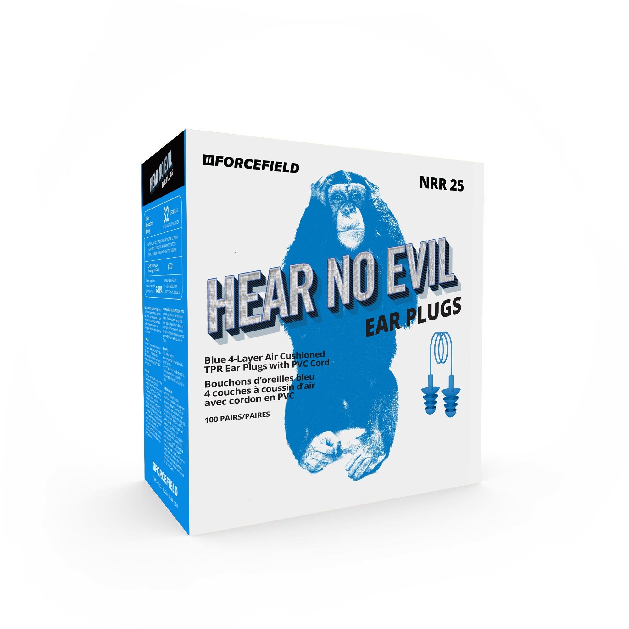 Bouchons d'oreilles détectables en métal TPR à cordon bleu « Hear No Evil », boîte de 100 paires