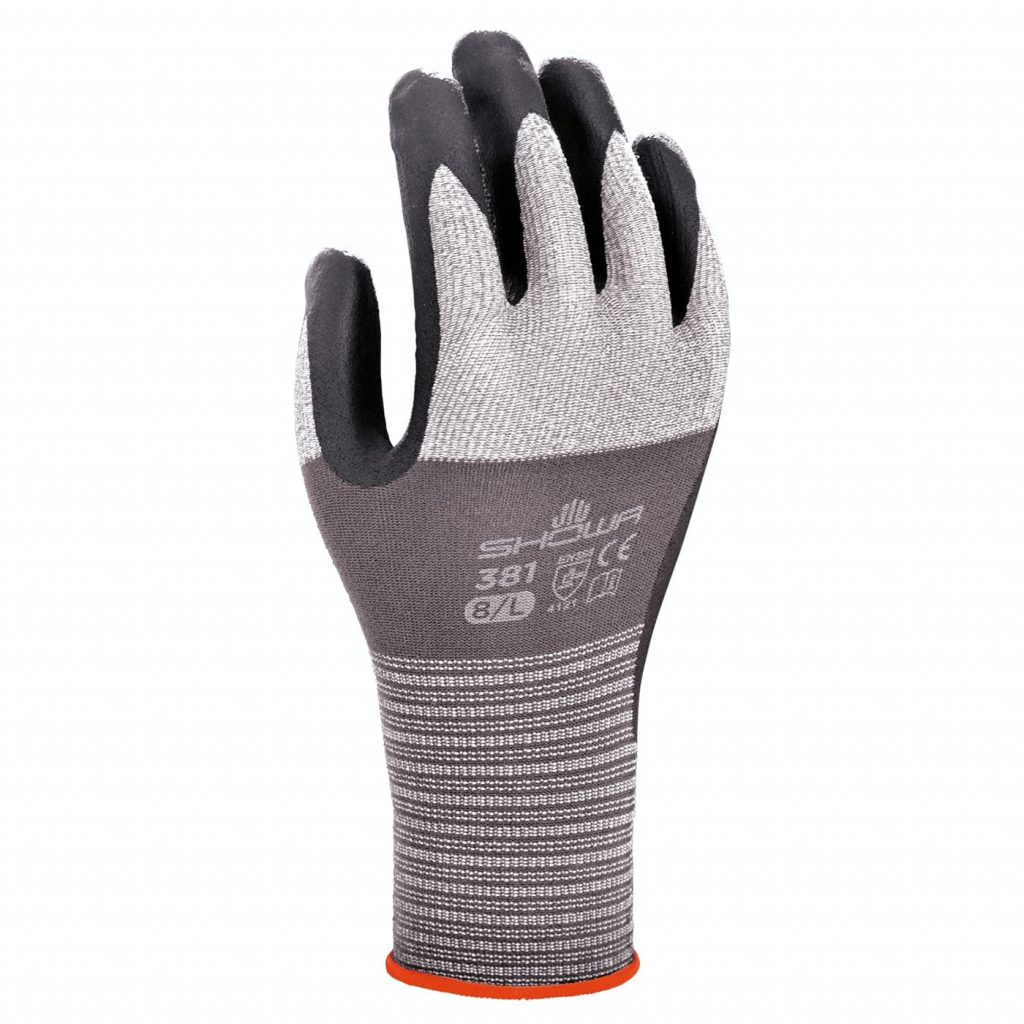 SHOWA® 381L-08 Coated Gloves, SZ 8/L, Black/Gray, Seamless